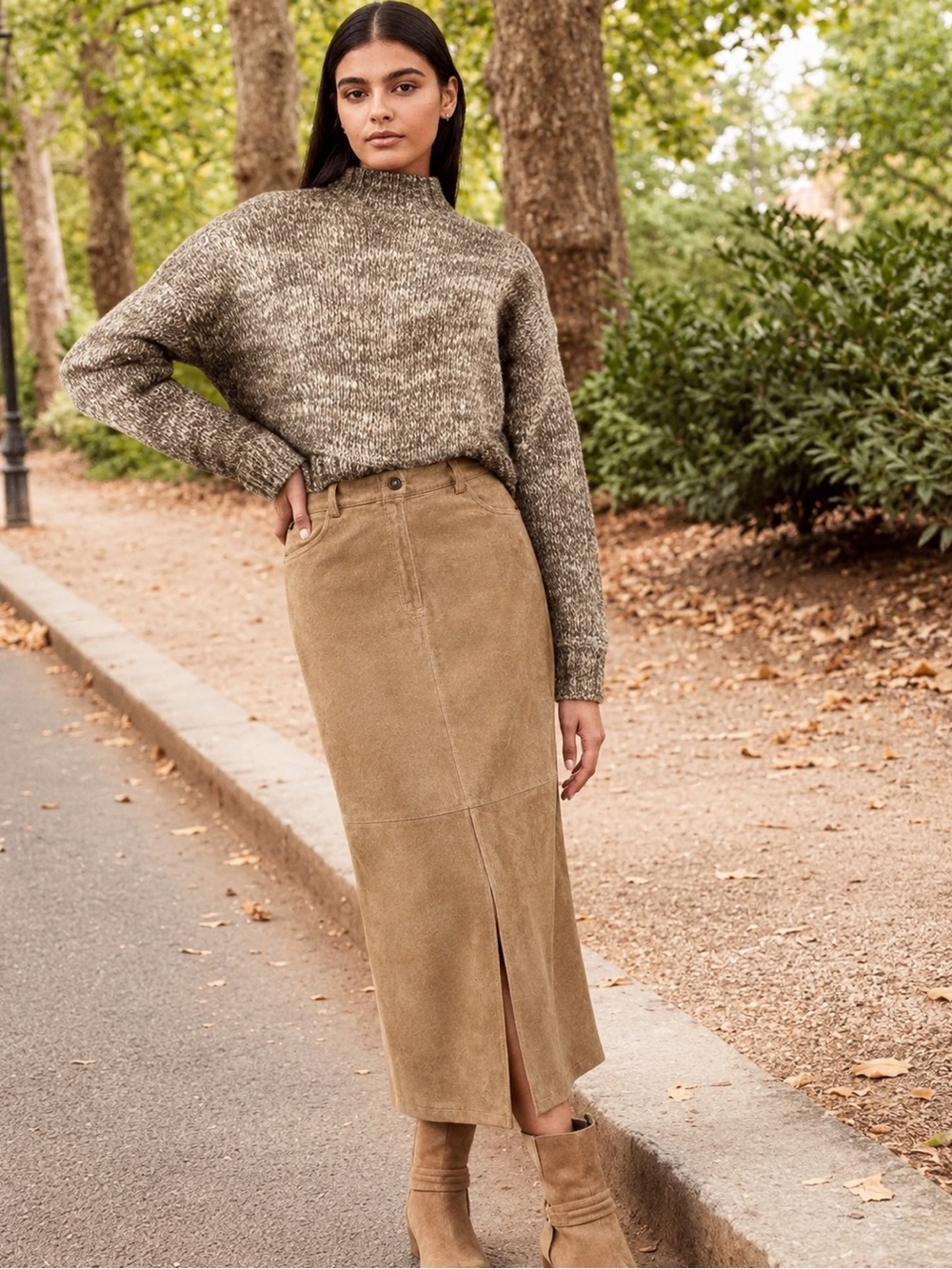 Eddie Bauer Tan Washable Suede Maxi Skirt with Front Slit - 10